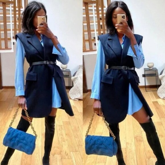 Zara Navy Blue Wool Blend Shoulder Pad Waistcoat Size Large - Picture 1 of 7